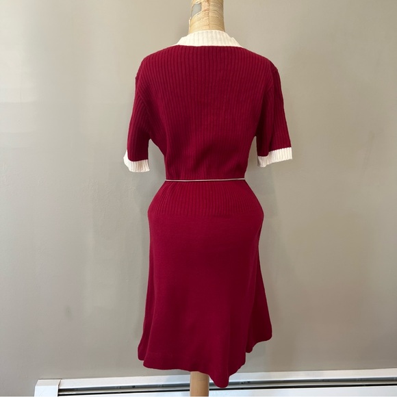 Vintage 70s Wool Blend Knit Shift Dress Sz 8 Burgundy Ivory Stretch Belt Silver - Picture 5 of 14